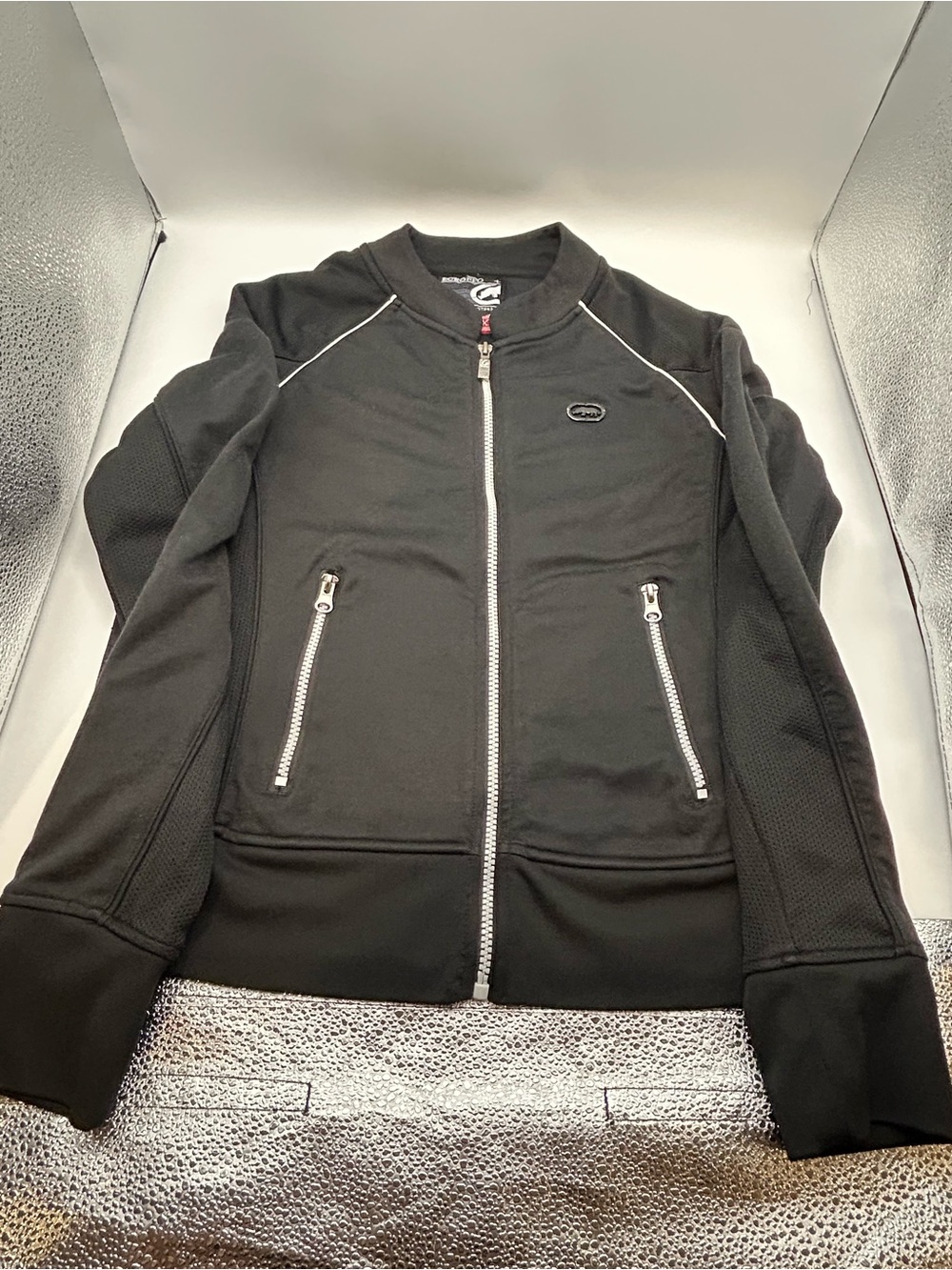 Y2K ECKORED+ Woman’s Black Track Jacket Full Zip XL Polyester Mesh Stand-Up
